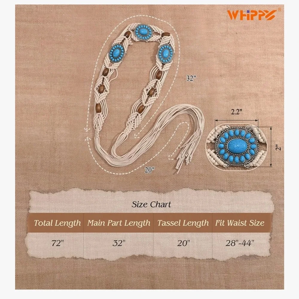 🆕 Boho Braided Belt for Women Hand-Woven Wax Rope & Turquoise Belt Western